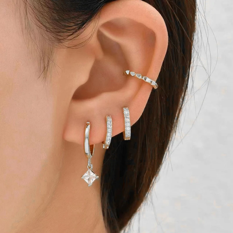 

Exquisite Silver Color Dangle Earrings for Women Fine Cubic Zirconia Piercing Hoop Earrings Set Gift Party Jewelry Wholesale