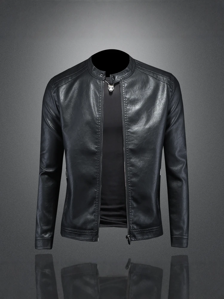 

Slim Fit Leather Jaet Men's Stand Collar Biker Casual Soft Leather Trendy Spring New Sle High End Jaet Youth Wear