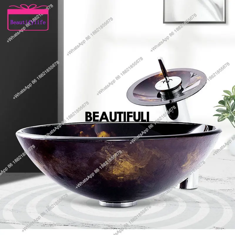 A17  Nebula round tempered glass countertop basin, creative hand-painted craft washbasin, modern simple rectangle washbasin