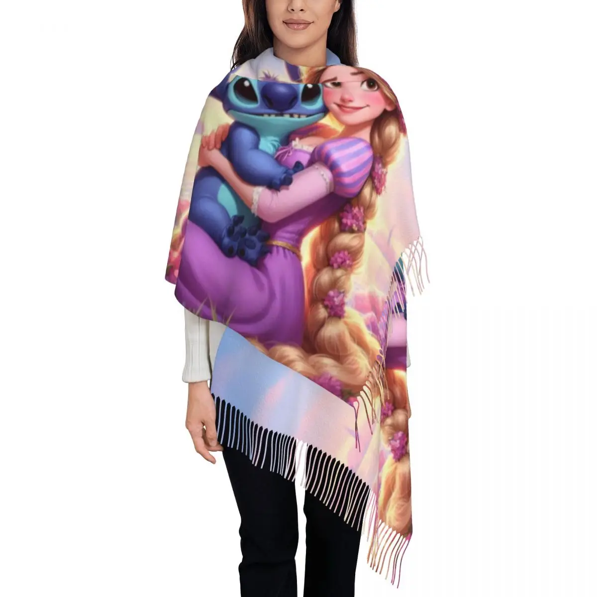 

Custom Princess And Stitch Tassel Scarf Women Soft Shawls Wraps Lady Winter Fall Scarves