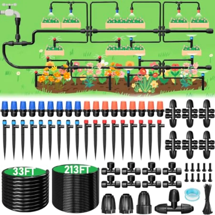 

246Feet Drip Irrigation System Automatic Drip Irrigation Kit with 1/2" Main Tube and 1/4" Branch Tubing Adjustable Drip Emitter