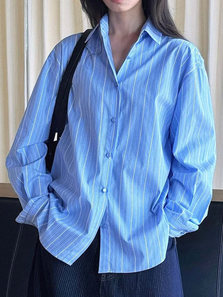 [LANMREM] Women Autumn Striped Long Sleeve Shirt Lapel Design Stripe Loose Oversized Casual Louse 26E03519