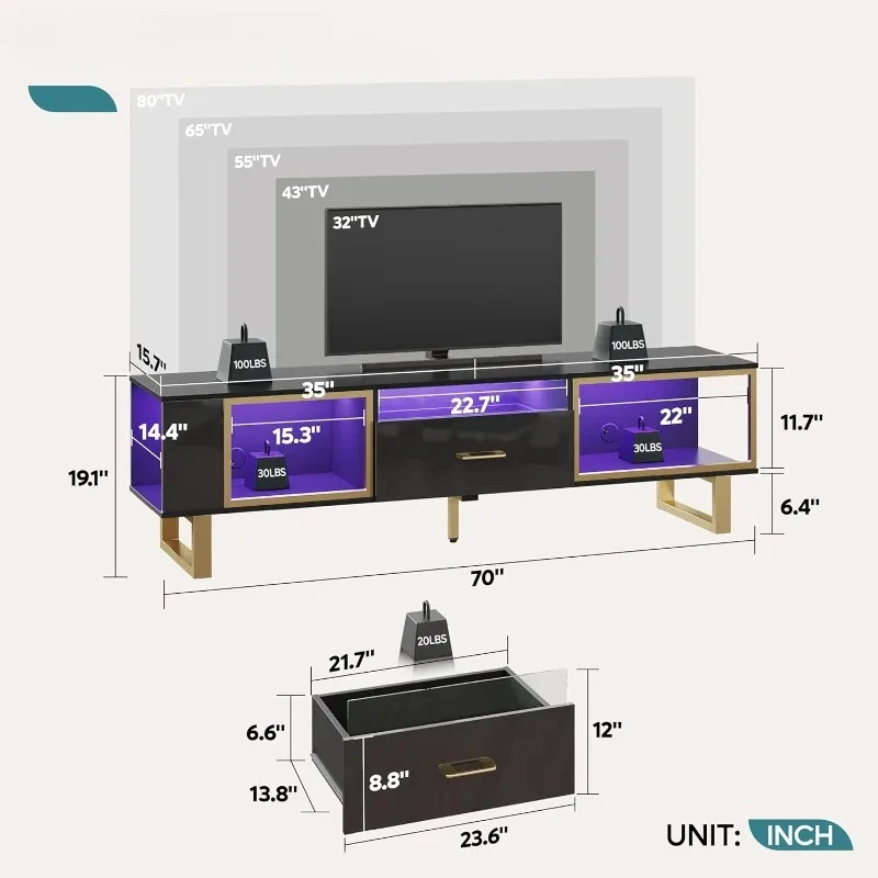 Bestier 70 Inch TV Stand with LED Lights for 75 Inch TV, Entertainment Center with Open Storage and Half-Glass Design Drawer