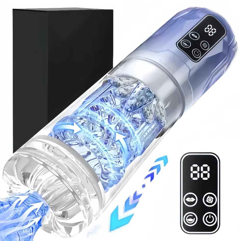 Automatic Sucking Male Masturbator LCD Penis Pump Water SPA Real Pocket Pussy Stroker Thrusting Rotating Licking Sex Toy for Men
