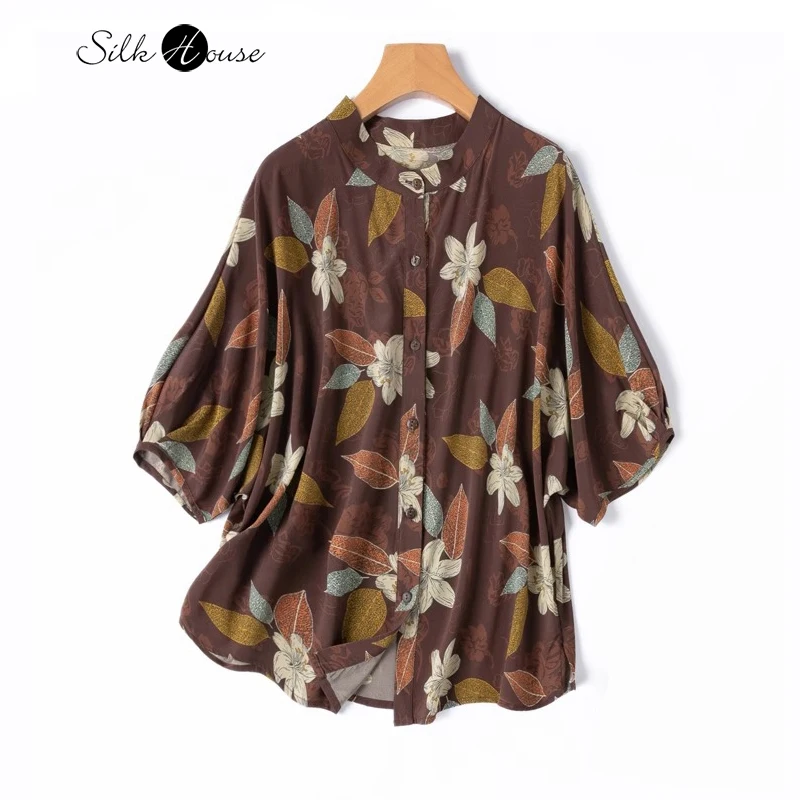 

Coffee Lily Print 93% Natural Mulberry Silk Elastic Crepe De Chine Stand Up Collar Batwing Sleeves Loose Retro Half Sleeve Shirt