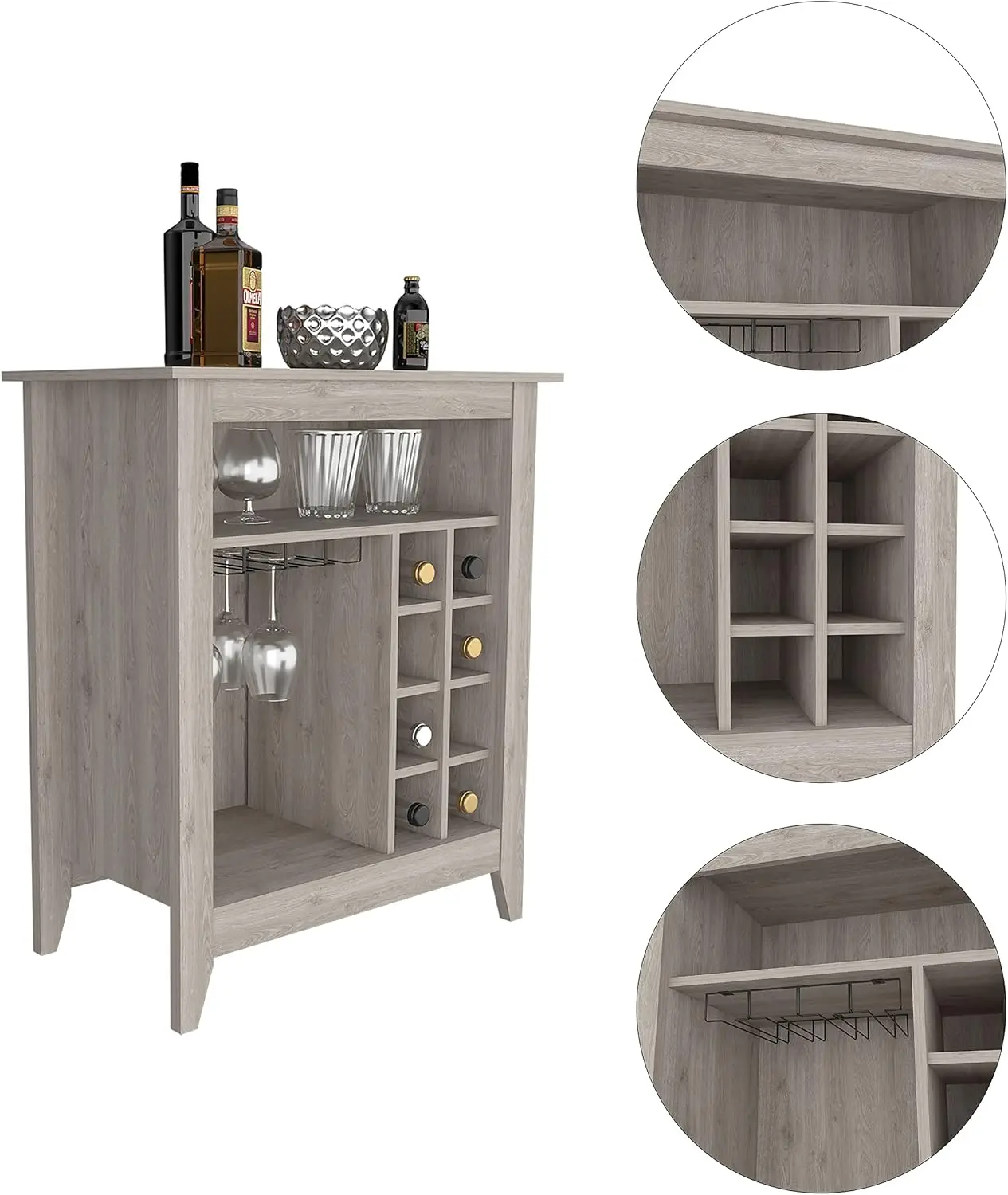 Essential Bar Cabinet, 6 Wine Racks, Open Shelf, & Drawer - Light Gray