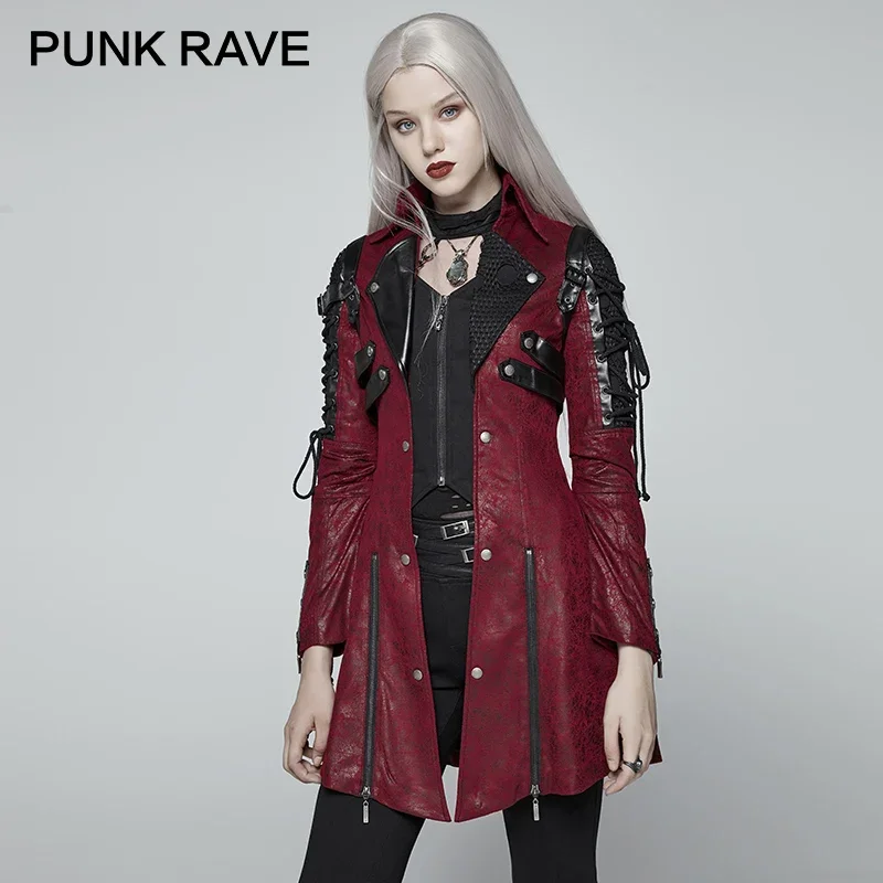 Imagem -02 - Punk Rave-cabolsa Longo de Couro pu Gótico Cravejado Pesado Feminino Jaqueta Vampire Vermelho Estilo Punk Moda Motocicleta Qualidade