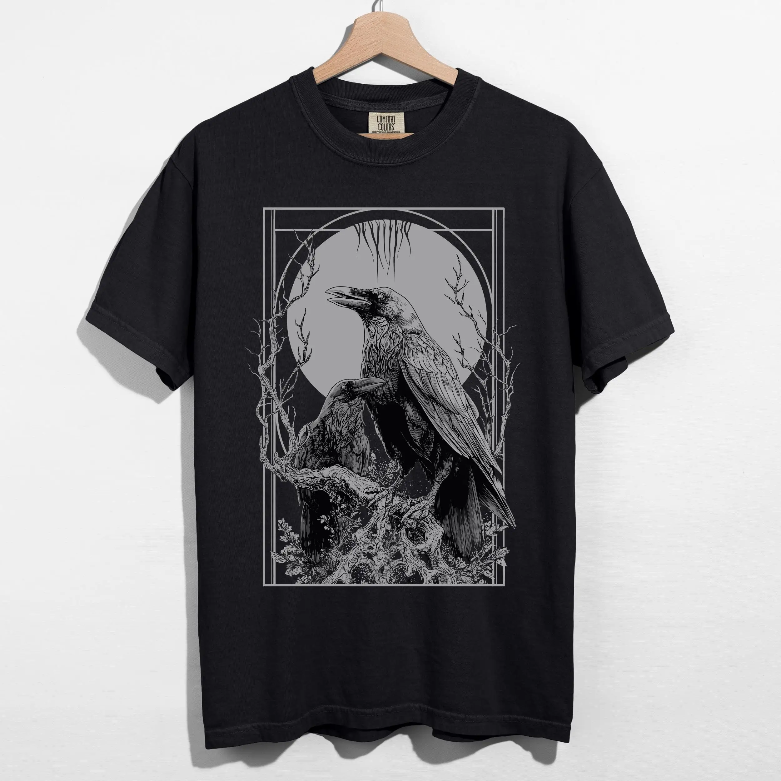 Unisex Raven Moon Gothic T-Shirt Occult Witchy Graphic Shirt Emo Goth Clothing Alternative Metal Graphic Tee Goth Gift for Him