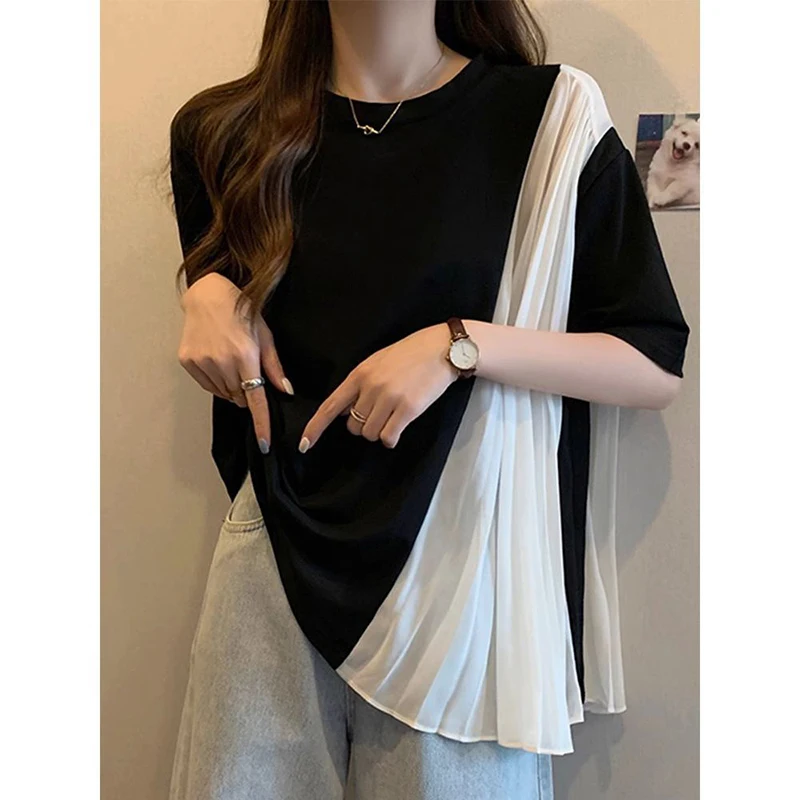 Summer Patchwork Irregular Pleated Women O Neck Short Sleeve T Shirts Hit Color Fashion Simple Loose Clothing Daily Black White