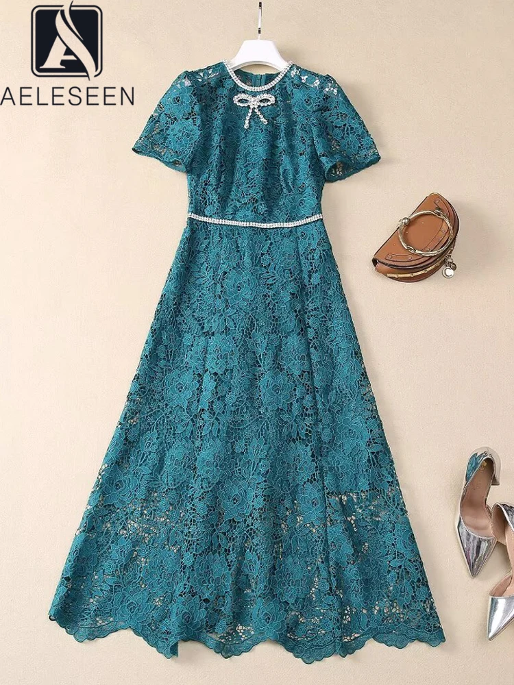 

AELESEEN High Quality Lace Dress Women Summer Short Sleeve Green Slim Luxury Diamonds Bow Hollow Out Elegant Vintage Long