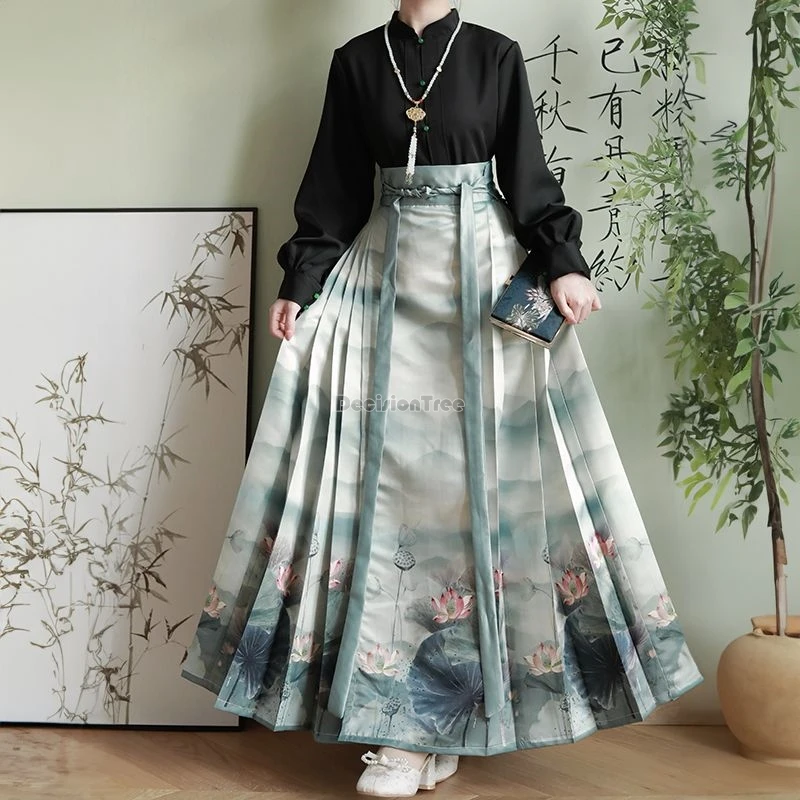 2024 chinese improved ming dynasty hanfu stand collar long sleeve shirt waist-length satin pleated skirt women elegant hanfu set