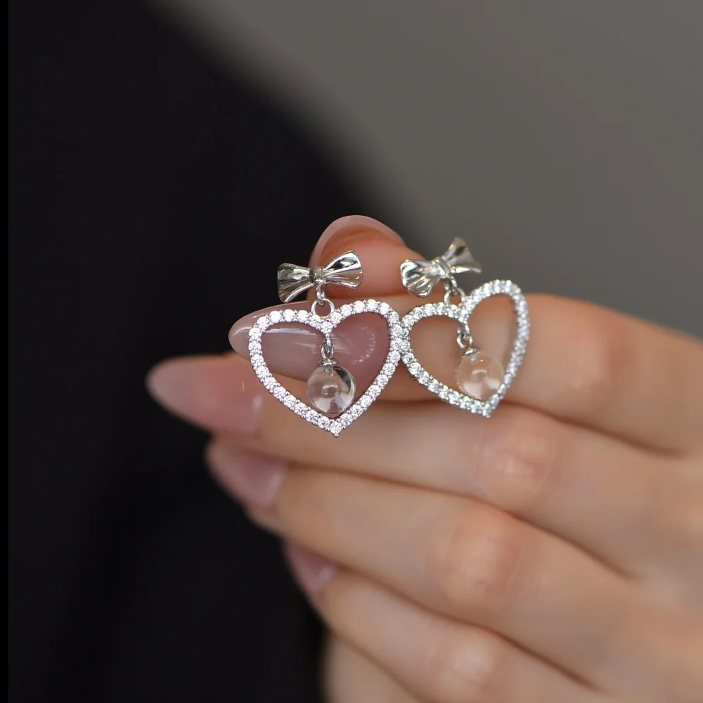 

1Pair Fengbaowu Natural Stone Clear Rock Quartz Sphere Earring Ear Stud 925 Sterling Silver Heart Crystal Jewelry Gift For Women