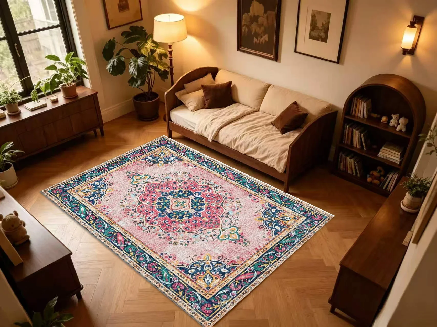 Pink Boho Distressed Square Area Rug Retro Oriental Medallion Printed Floor Carpet for Living Room Bedroom Home Decor