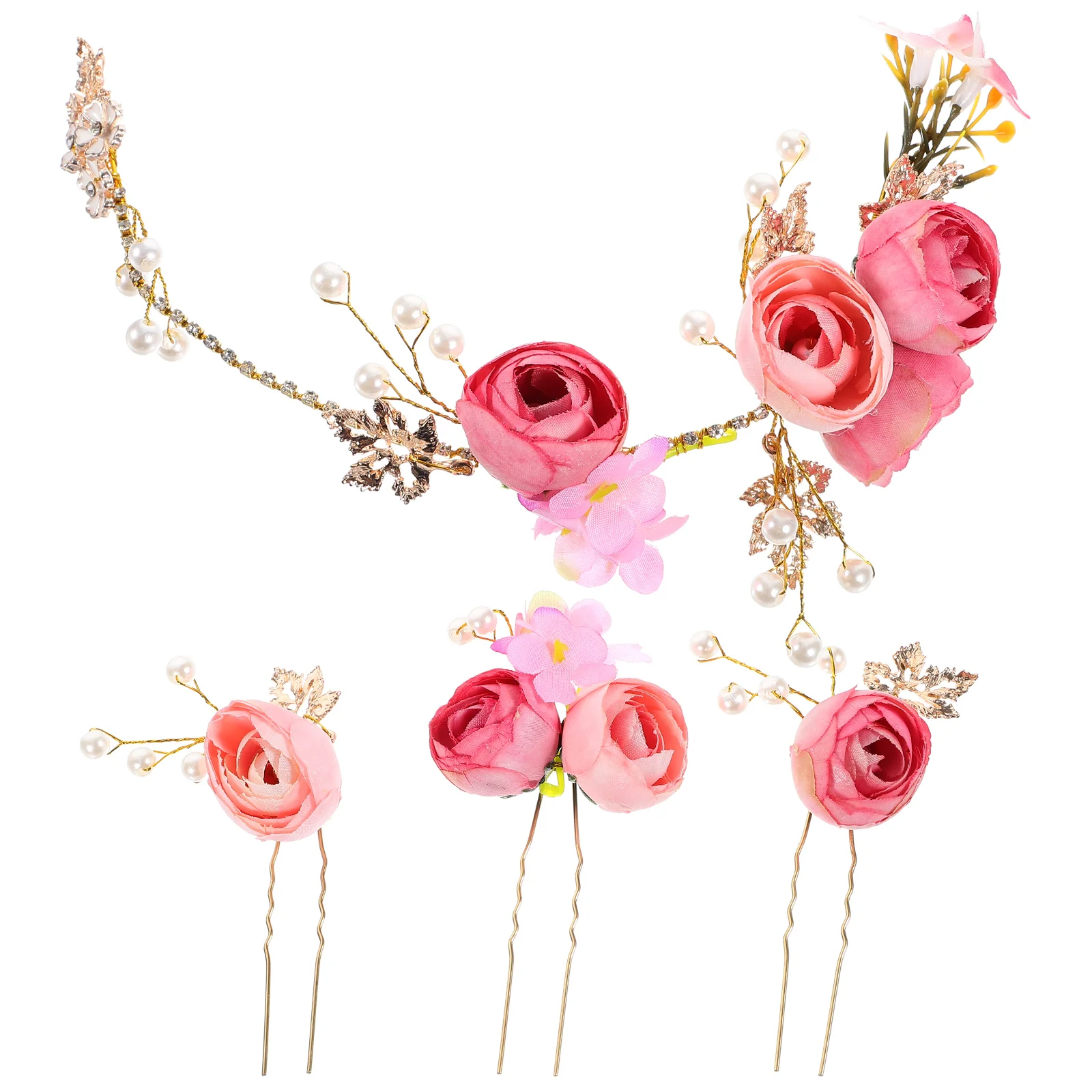 

4 Pcs U-shaped Bridal Hair Clips Rose Flower Hairpin Fabric Accessories Women Floral Girl