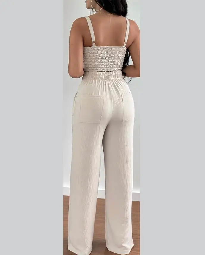 Two Piece Sets Womens Outifits Summer Fashion Shirred Plain V-Neck Sleeveless Crop Top & Casual Pocket Design Wide Leg Pants Set