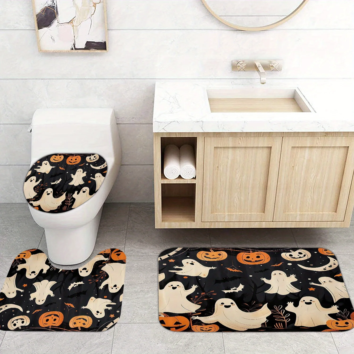 3pcs ​​Spooky Halloween Bath Mat Set - Pumpkin & Bat Non-Slip Rug & Lid Cover for Festive Bathroom Decor & Trick-or-Treat Fun​