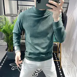 New Men Clothing Autumn Winter Trendy Half High Collar Thick Warm Basic T-shirt Male Casual Solid Long Sleeve Slim Pullover Tops