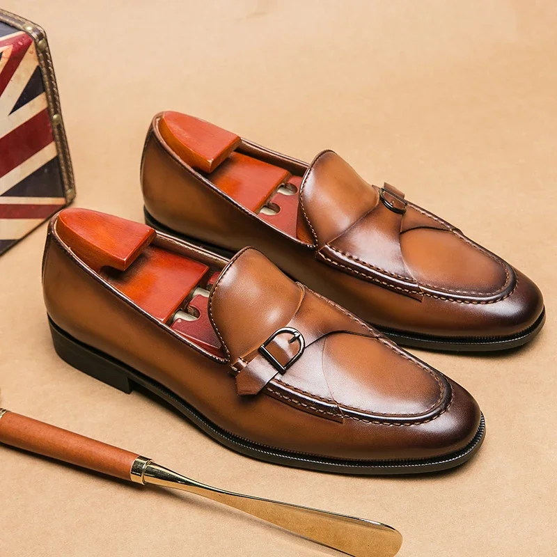 

New Men Dress Shoes Loafers Brown Square Toe Slip-On Business Wedding Mens Shoes Handmade