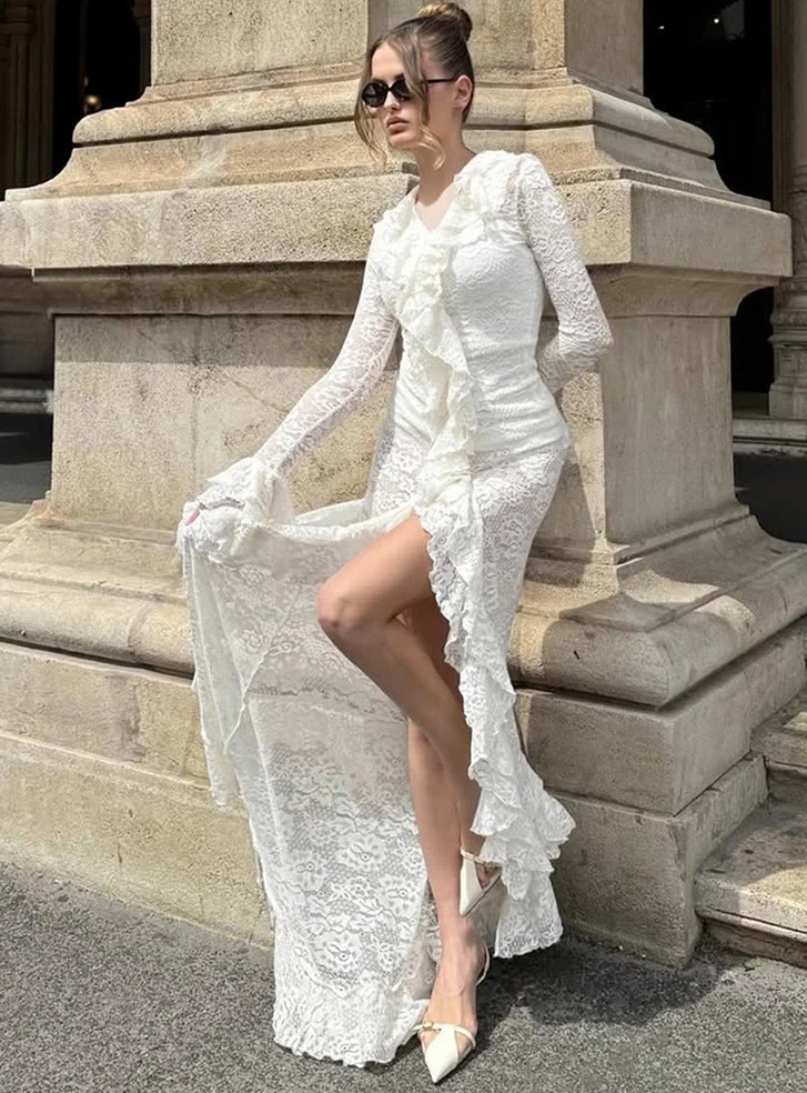 Kant gestapelde vrouwen maxi-jurken romantische Franse volledige mouw ruche hals split bodycon vrouwelijke sexy pure trend vestidos