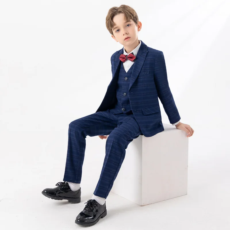 

Kids Jacket Vest Pants Bowtie 4PS Ceremony Photograph Suit Flower Boys Performance Costume Children Plaid Blue Piano Party Dress