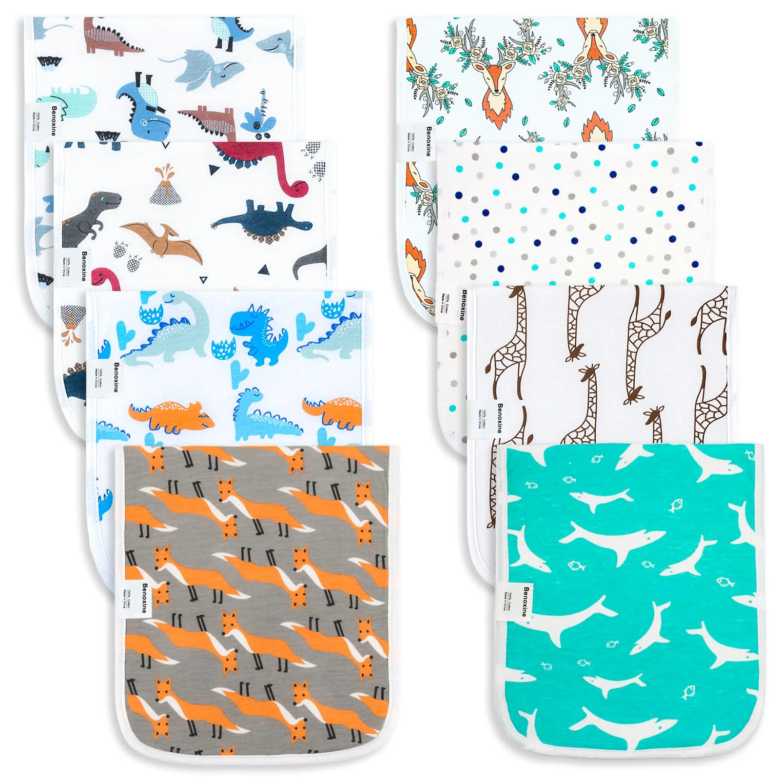 

Baby Burp Cloths Ultra-Soft Absorbent, Large Size, Cotton,Adorable Designs Perfect for Boys and Girls 8-Pack
