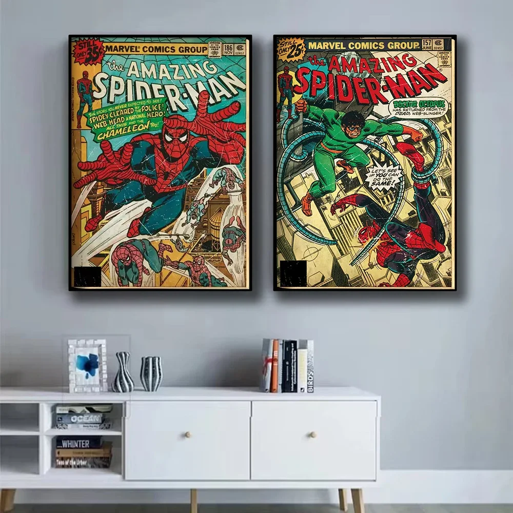 

Retro Marvel Super Hero Decorative Painting Anime Spider Man Art Poster American Film Mural Home Childrens Room Wall Decor Print