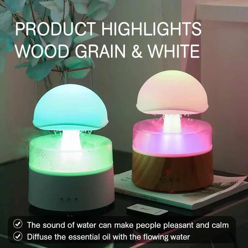 Humidifier Raindrop Diffuser Mushroom with Remote Control Waterfall Light White Noise Humidifier Bedroom Desk Air Humidifier