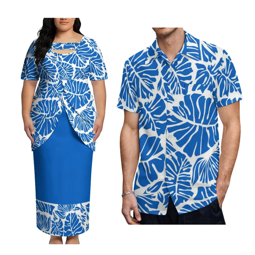 High-Quality Samoan/Polynesian Couple Set Women'S Top And Long Dress For Men Aloha Shirt Puletasi Dress Party Evening Gown
