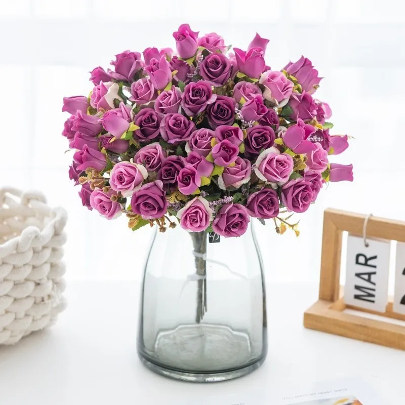 5 Gabeln, 15 Köpfe, künstliche Seidenblumen, Rose, Hochzeit, Brautstrauß, Festival-Dekoration, Zuhause, Raumarrangement, Blumenzubehör – Detail 5