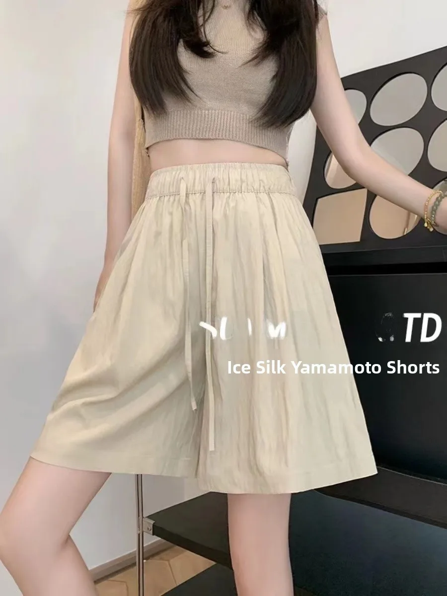 

High Waist Ice Silk Sports Shorts Women's Summer Thin Casual Wide Leg Five-Quarter Length Korean Style Commute Fashion