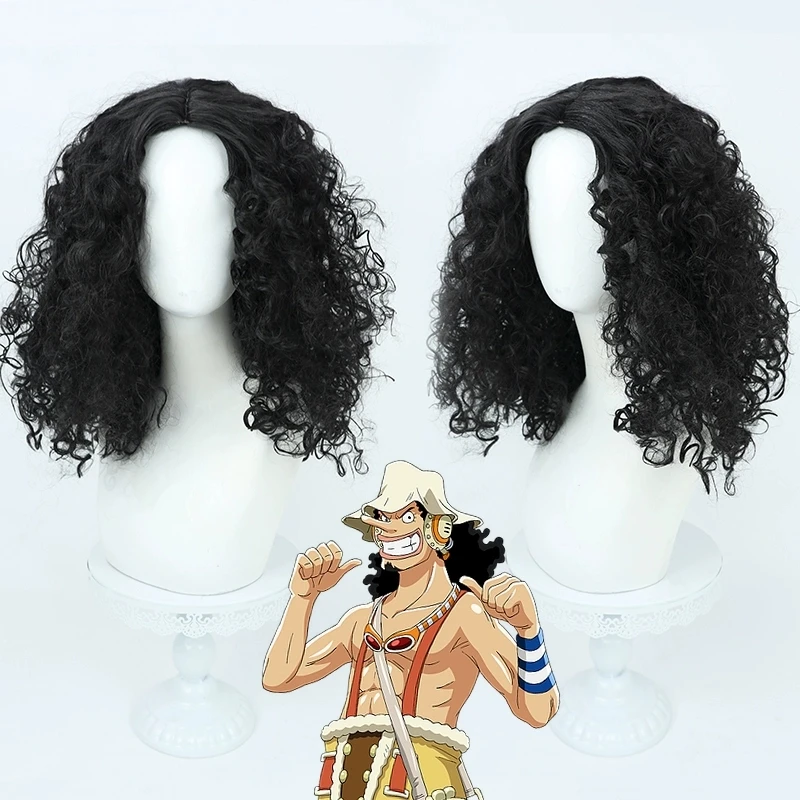 

Anime Wano Country Arc GOD Usopp Cosplay Wig Long Black Curly Heat Resistant Hair Halloween Party Wigs + Wig Cap