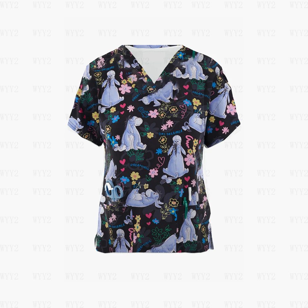 Summer Workwear Women's Printed Summer V Neck Pocket Cartoon Printed Nurse Shirt Nursing Uniform Pet Shop Workwear T-Shirt