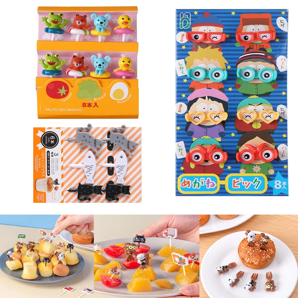 6/7/8/10/12pcs Cartoon Fruit Fork Children Transporter Animal Design for Bento Lunch Box Cupcake Top Fork Birthday Party Decor