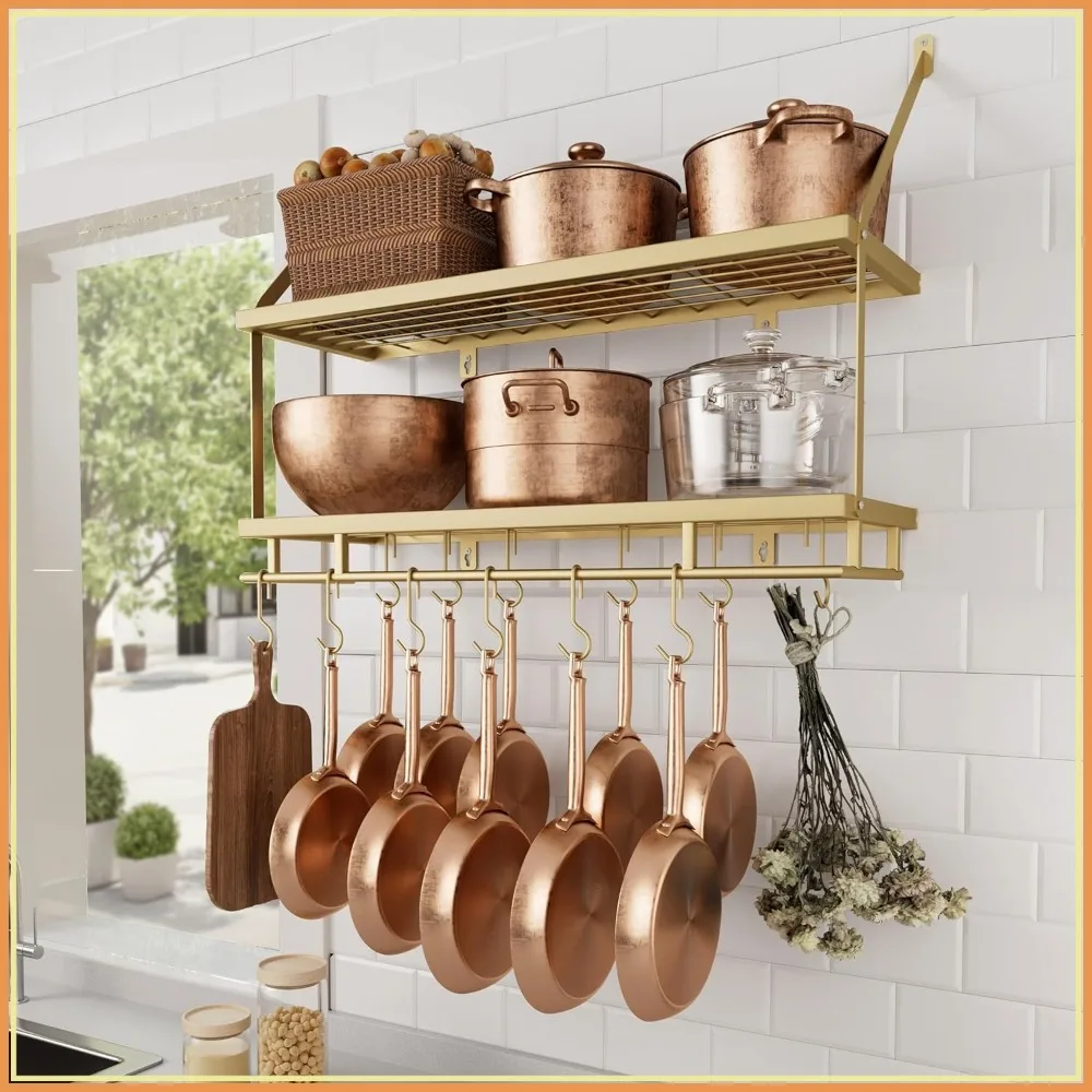 

30-Inch Gold Pot Rack Wall Mounted, 2-Tier Hanging Pan Organizer with 12 Sturdy Hooks, Modern Kitchen Shelves