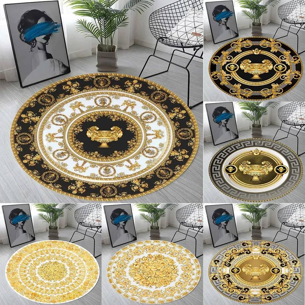 Nordic retro gold printed round sponge carpet living room bedroom floor mat home decoration bathroom non-slip floor mat