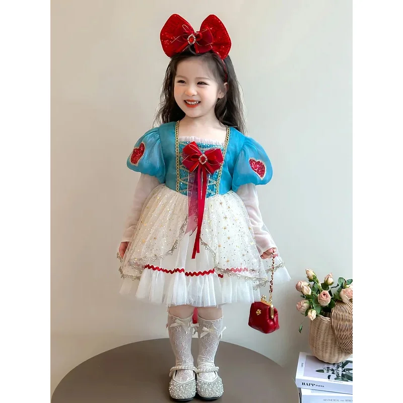Vestido de niña Lolita 2025, primavera y otoño, nuevo vestido de malla Blancanieves para niños, ropa de fiesta de cumpleaños para bebé, vestido de flores para niña