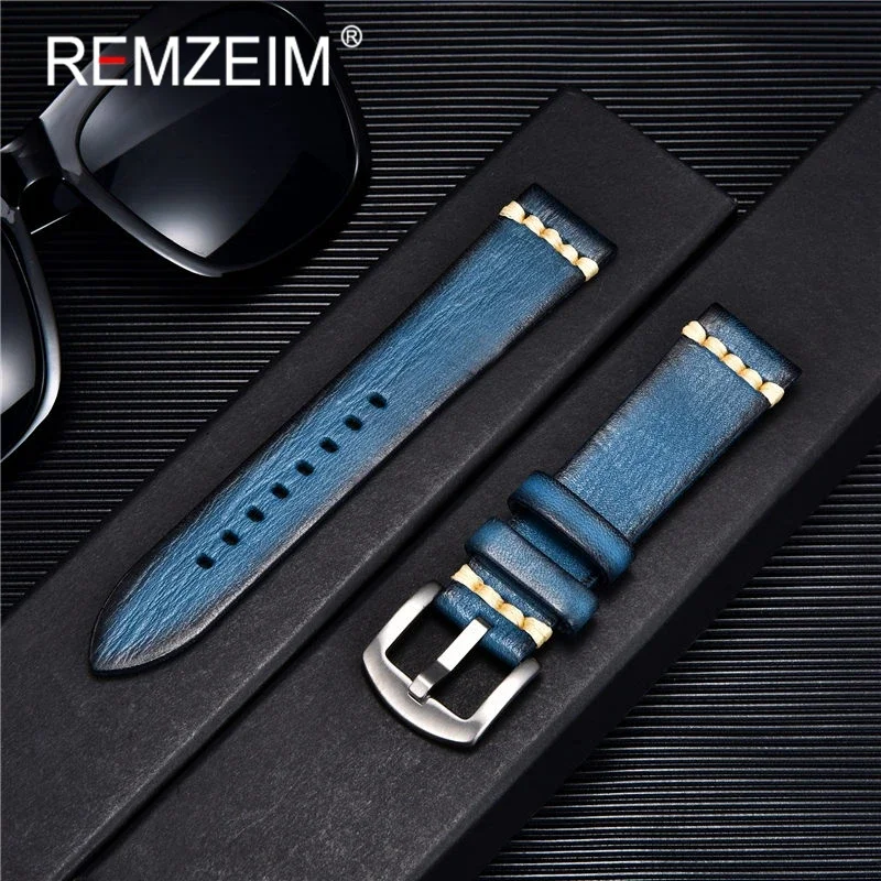 New Vegetable Tanned Leather Watch Strap Band 18mm/20mm/ 22mm /24mm Green Blue Brown Watchbands With Stainless Steel Buckle