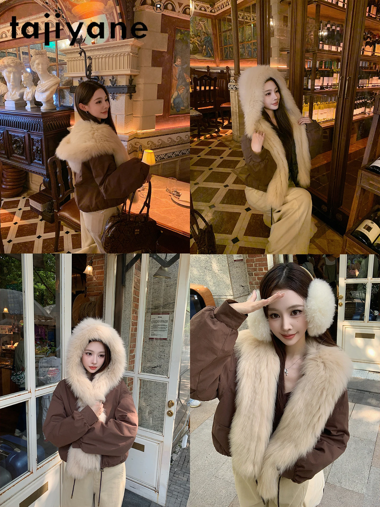 TAJIYANE レディース ホワイトグースダウンジャケット 暖かいフード付きフォックスファー襟付きレディースパーカーコート 2025年新作冬服 女性服 ropa mujer