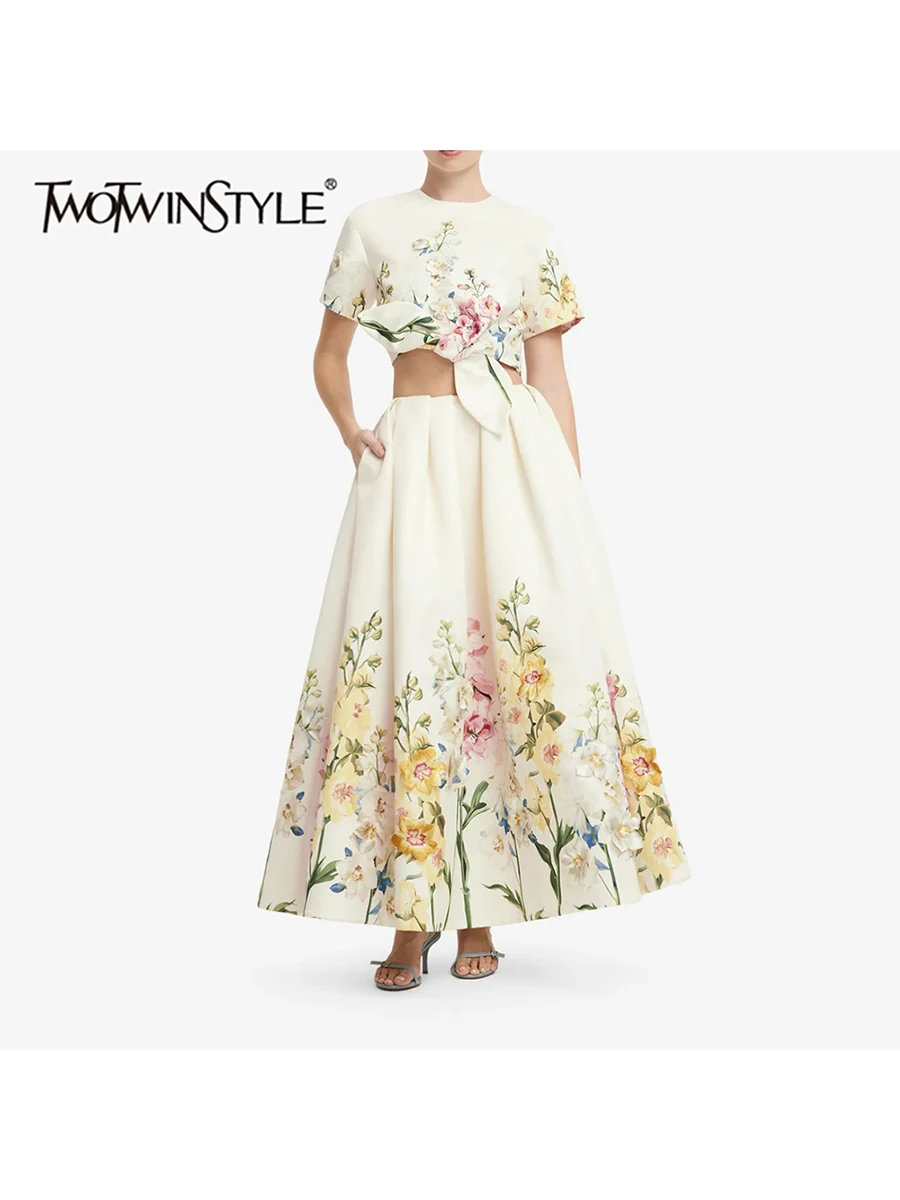 TWOTWINSTYLE Printing Spliced Knot Slimming Two Piece Sets for Women Round Neck Short Sleeve Top Skirt Colorblock Sets Female