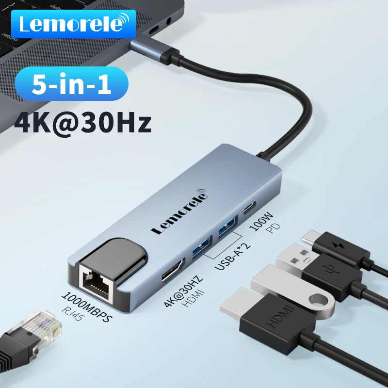 Lemorele TC15 5 Ports USB 3.0 Hub Splitter for Laptop Printer Extended Cable 5Gbps HDMI 4K@30Hz Docking station for Projector TV