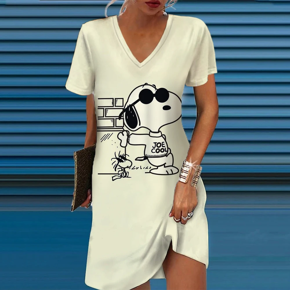 Disney Snoopy A-line V-neck Dresses For Woman Summer 3D Print Clothing Cartoon Women\'s Beach Dress Cute Sexy Beach Cool Top