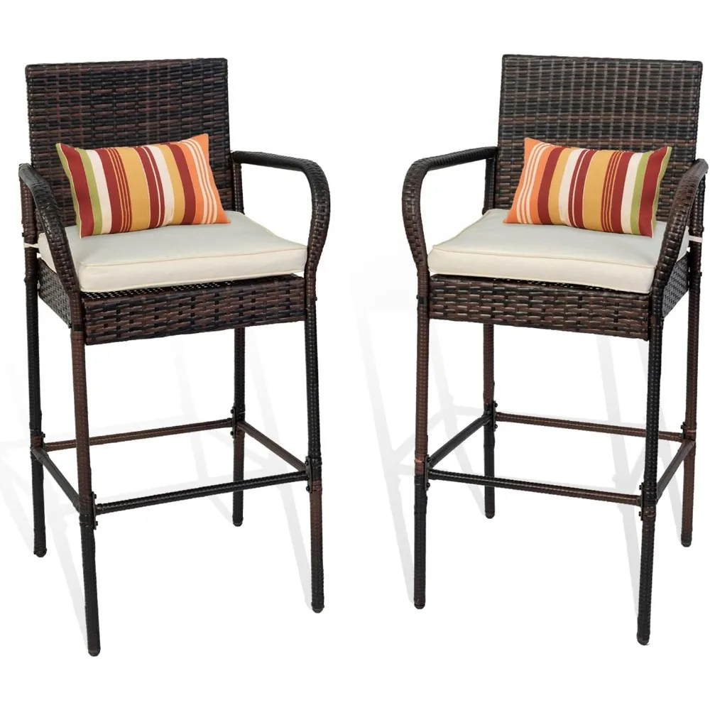 

2 Piece Rattan Bar Stool Wicker Chairs, Patio Bar Height Chair with Arms, Cushion Beige, All-Weather Outdoor Rattan Furniture