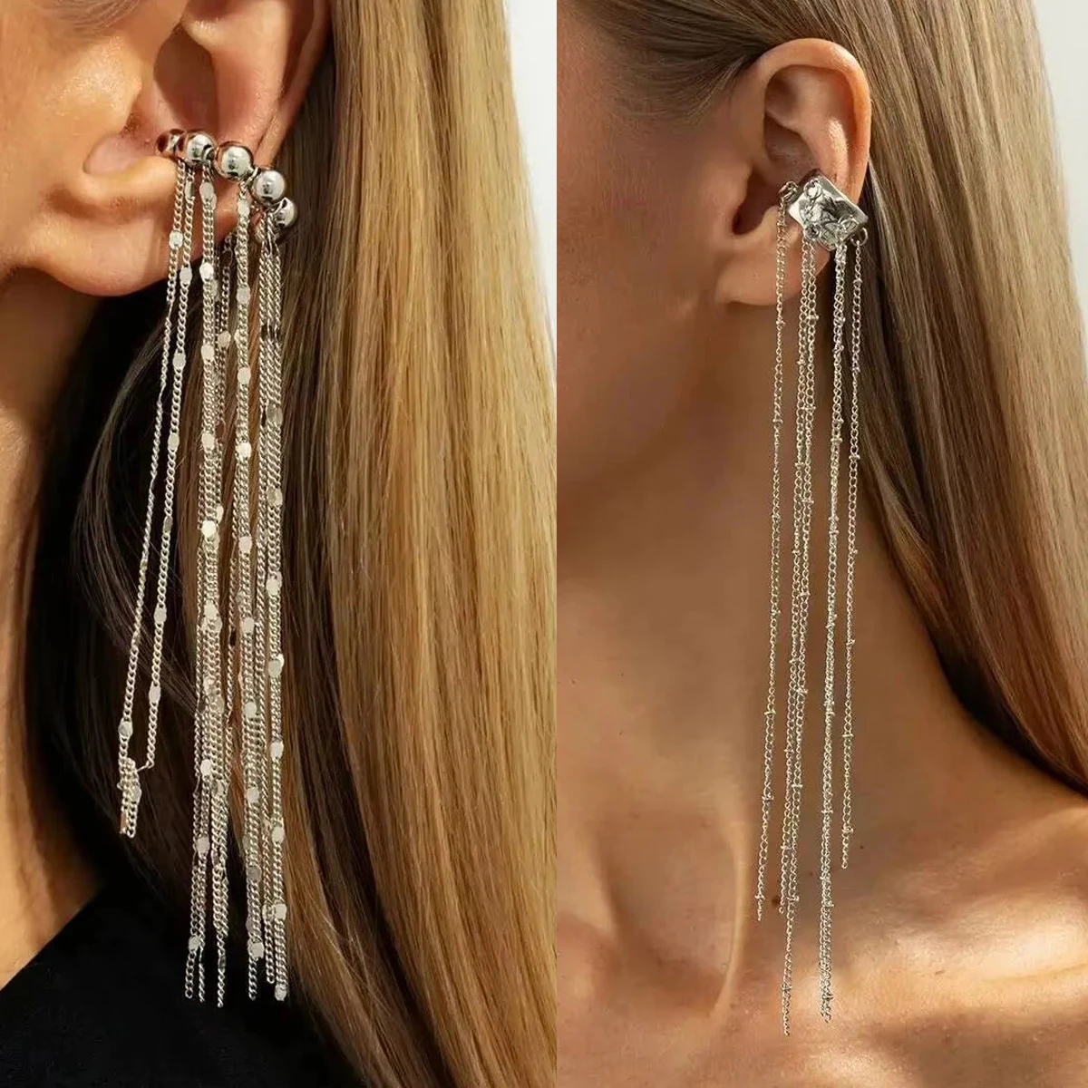 IngeSight.Z 2026 New 1PC Trendy Long Tassel No Piercing Ear Clip Earrings Women Exquisite Silver Color C-shaped Ear Cuff Jewelry