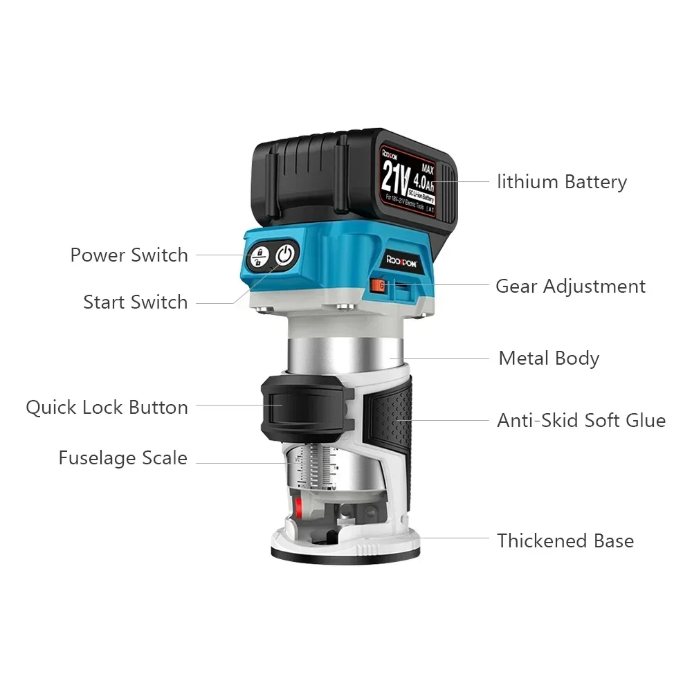6 Speeds Brushless Hand Electric Trimmer Cordless Wood Router 6/6.35/8mm Woodworking Engraving Slotting for Makita 18V Battery