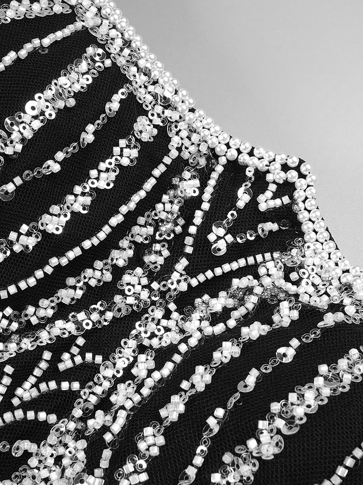 VC Black Sheer Mesh Long Dress For Women Hollow Out Pearls Embellished Strapless Tube Bodycon Mermaid Party Evening Gown