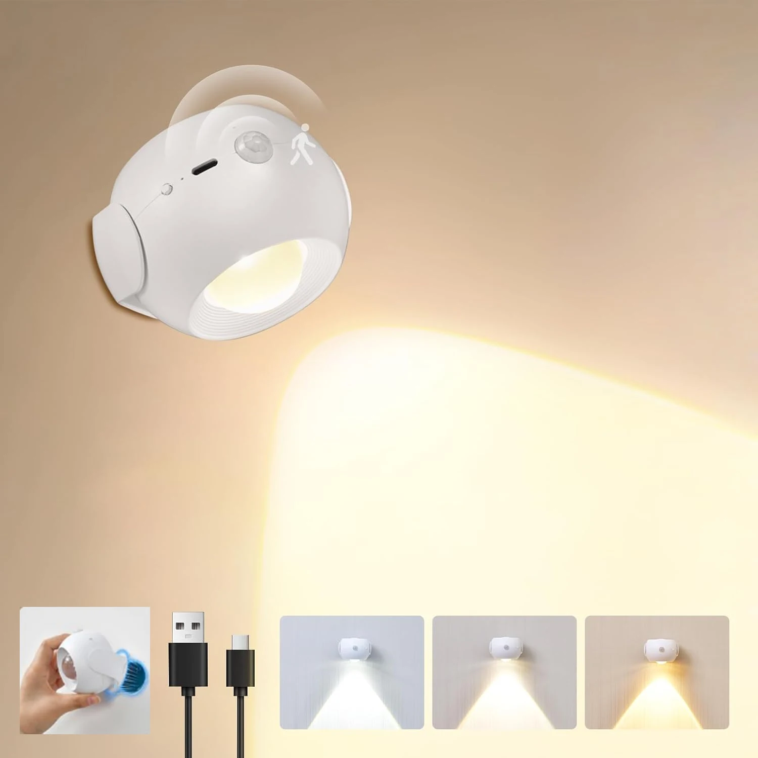 3 Colors Wall Lamp With Motion Sensor 3200mAh Battery Rechargeable Wall Light Wireless LED Magnetic 350° Rotatable For Room Deco