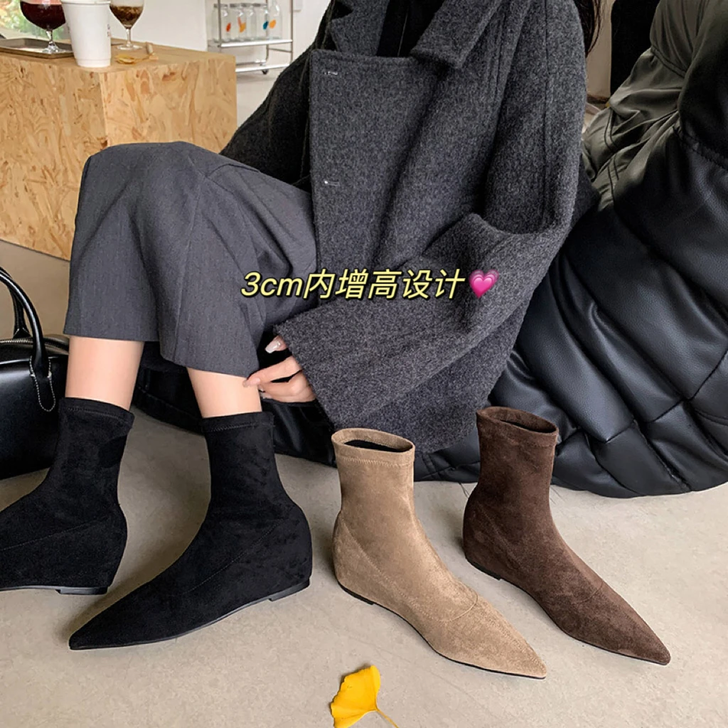 

Новинка 2026, осенне-зимние женские ботильоны, рост 22-24,5 см, эластичные фланелевые современные ботинки с острым носком, узкие ботинки, увеличивающие рост