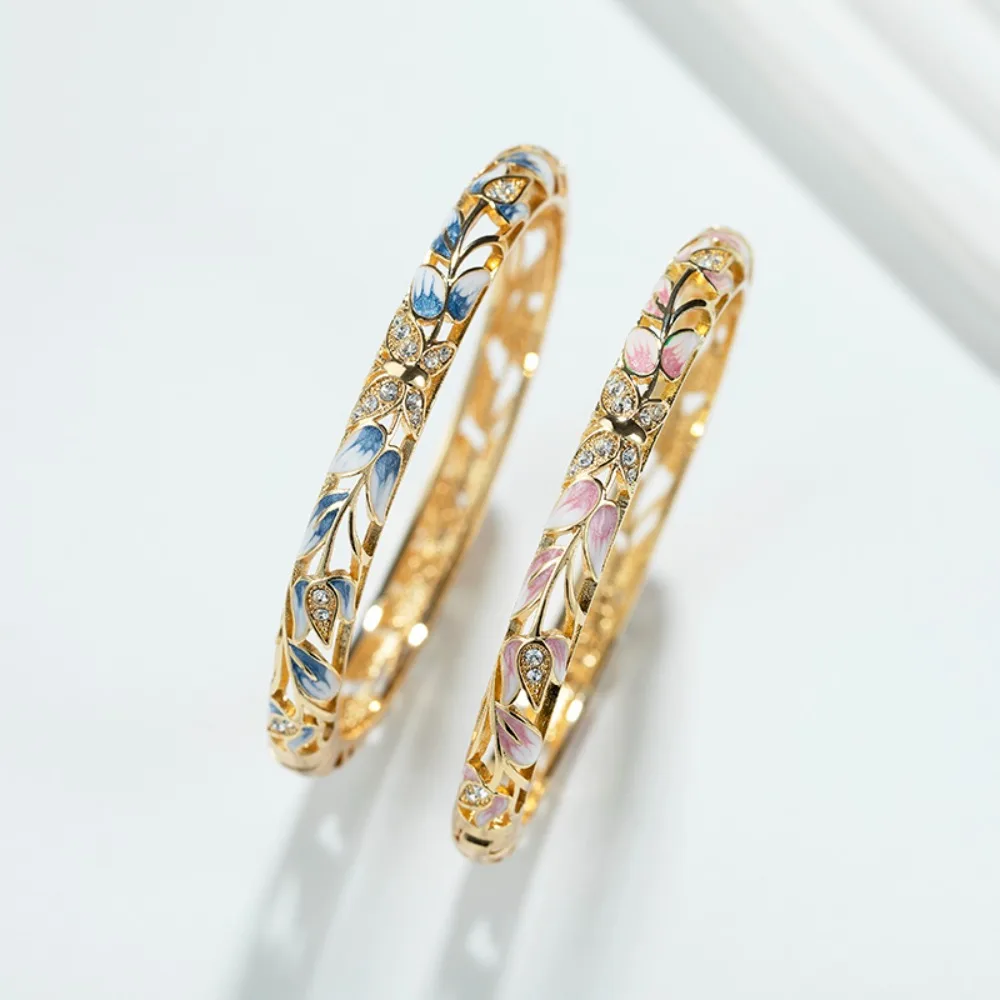 

Ethnic Drip Oil Enamel Bracelet Open Shiny Hollow Out Flower Bangle Traditional Vintage Women's Hand Bracelet Jewelry Gifts