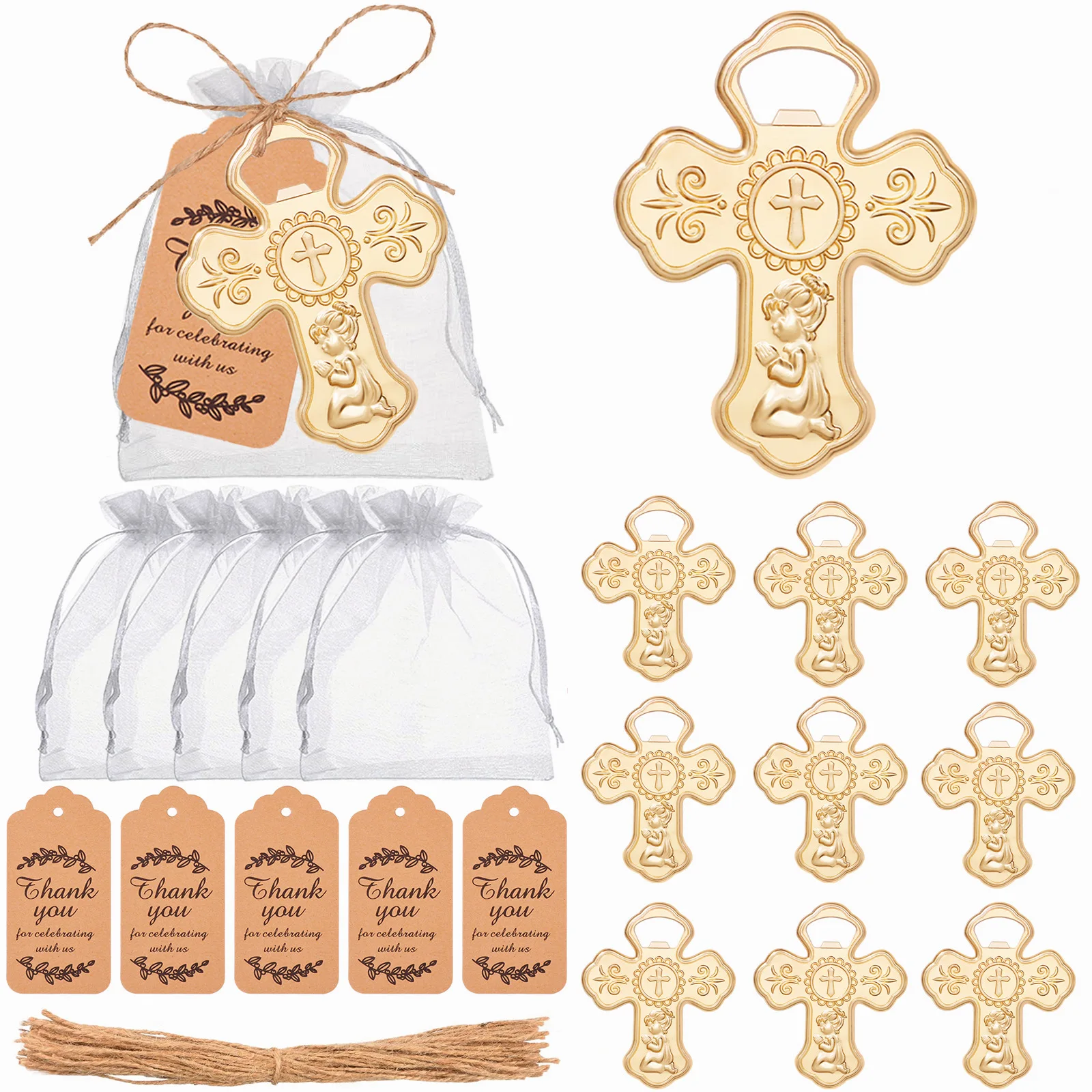 

(20Pcs/lot) Gold Cross Bottle Opener Favors with Organza Bags Thank You Tags Twine Baptism Party Return Guest Gifts Souvenirs