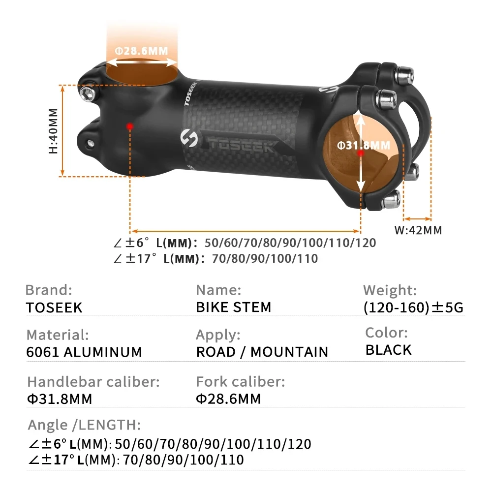 TOSEEK Bicycle Stem Handlebar 31.8mm Carbon + Aluminum Bike Road/MTB Cycling Stem 6/17 Degree 60/70/80/90/100/110/120mm